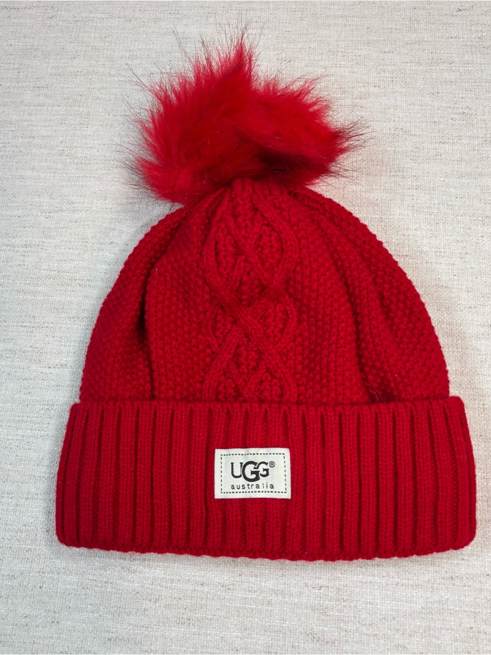 UGG Kids Red Cable-Knit Pom Beanie